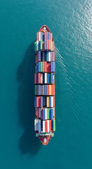 top down aerial cargo ship fully within frame on ocean