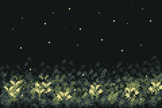 Seamless loop animation of fireflies twinkling above a field of leaves at night. Retro 8-bit pixel art style. Perfect for calm, atmospheric, lo-fi, or gaming backgrounds, digital backgrounds. 