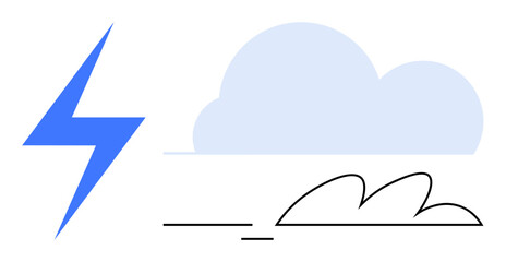 Blue lightning bolt beside a soft cloud and breeze lines captures dynamic weather. Ideal for energy, storm, sustainability, power, speed, electricity, renewable energy. Simple flat metaphor