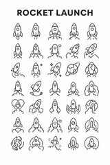 Rocket launch and space flight outline icon pack. Simple linear symbols representing startup, mission, innovation, and exploration for web design
