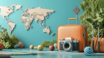 Concept banner for turism in 3d realistic style with map, pointer, road sign, suitcase, camera. Vector illustration