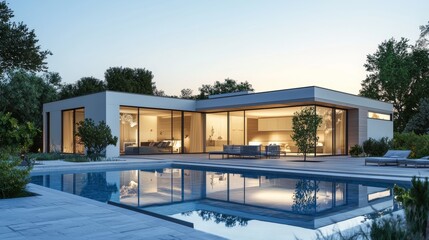 Design house - modern villa with open plan living and private bedroom wing. Large terrace with privacy thanks to the house, swimming pool.
