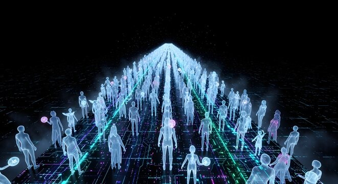 Cyber Pathway of Souls  Glowing path leading into infinite dark void.