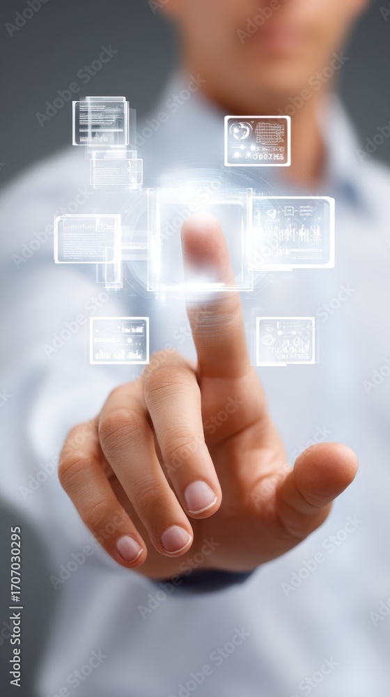 Poster man activating futuristic interface, a technological leap into interactive displays.