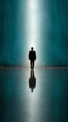 Fototapeta premium Illuminated solitude, a journey through dark room with single light source person.