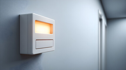 A minimalist shot of a doorbell on the wall, the indicator light glowing softly