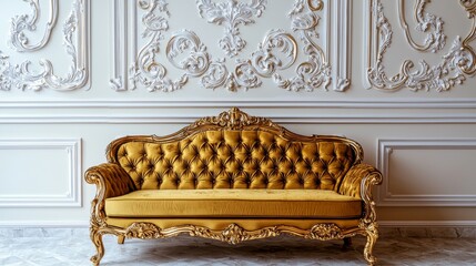 Fancy baroque style living room with gold covered sofa