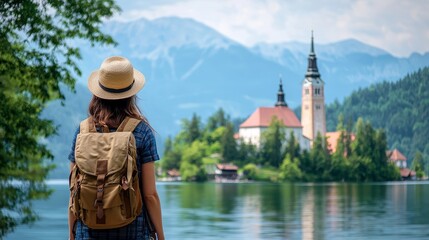 Female tourist with backpack and hat admiring the assumption of mary pilgrimage church on lake bled island,
