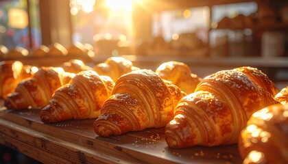 Golden Croissants Displayed in a Bakery Setting with Warm Sunlight