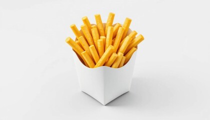 Isometric Projection of French Fried Chips  White Paper Container, 3D Design, Isolated on White, Geometric Perspective