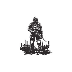 illustration of a soldier or post-apocalyptic survivor wearing a gas mask and tactical gear, holding a rifle and standing in a ruined, desolate environment. Concept for military, war, and survival