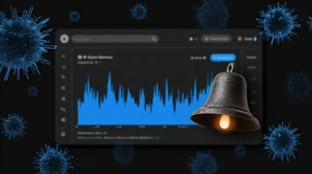 Virus alert dashboard spike chart bell warning, data analytics, anomaly detection, notification, blue graph, dark background, urgent signal