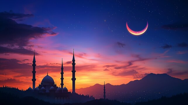Islamic, Silhouette mosques on dusk sky twilight with crescent moon over mountain