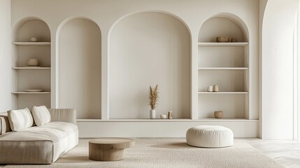 Living room interior with white decor arched mirror and built in shelving warm white tone minimalist