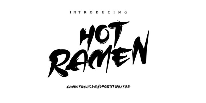 Font HotRamen. This font and typeface japanese asian traditional brush. Only Uppercase and can editable the colors. Convertable for Tittle, cover, design, book, film, video text. Bold highlight.