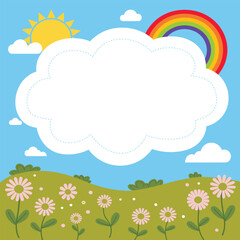 Sunny Landscape with Rainbow and Cloud Frame for Text or Messages, Rainbow Cloud Frame, Sunny Field Template, Nature Message Board, Colorful Garden Greeting, Happy Outdoor Frame