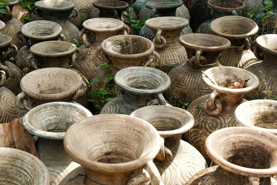 Various of weathered pottery craft, clay handmade in the morning. Pottery craft for indoor and outdoor decoration. Handmade, Indonesian product. Gerabah kasongan