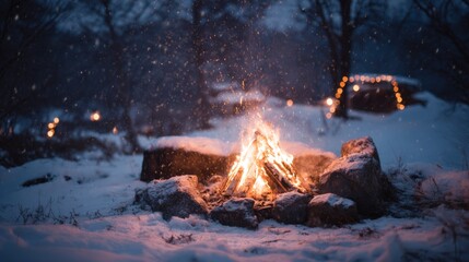 Naklejka premium Warm bonfire with flames and coals in snowy landscape at night 