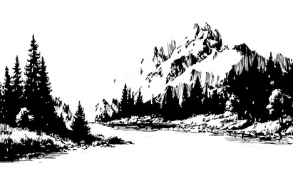 Monochrome Hand Drawn Mountain Landscape with Dense Pine Forest and Serene River