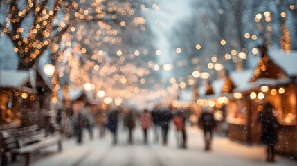 Winter market scene with people walking among Christmas lights  