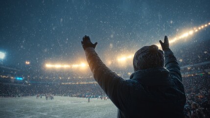Person cheering in winter football stadium with crowd 