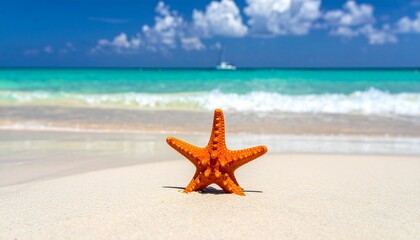 Vibrant orange starfish resting on a pristine white sand beach with a turquoise ocean and a sailboat in the background