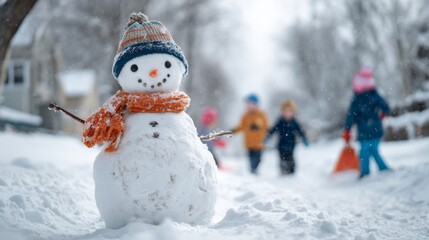 Obraz premium Snowman wearing hat and scarf in winter with children playing nearby 