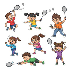Kids Playing Badminton Fun Cartoon Illustrations