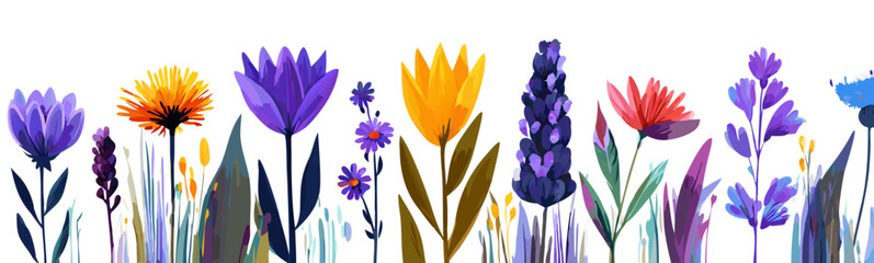 Vibrant Abstract Floral Border Illustration with Colorful Spring Flowers Across a White Background