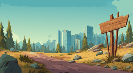 Whimsical Forest Road Leads to a Futuristic Cityscape with a Wooden Signpost in a Sunny Meadow