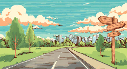 Whimsical Cartoon Road Through Green Park Toward Modern City Skyline with Wooden Signpost