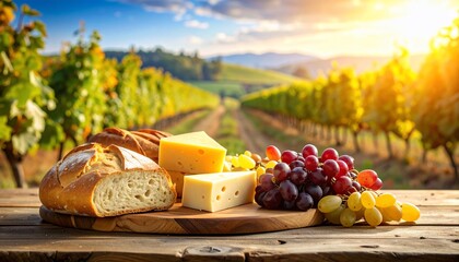 Rustic Wine Country Still Life Featuring Grapes, Cheese, and Freshly Baked Bread