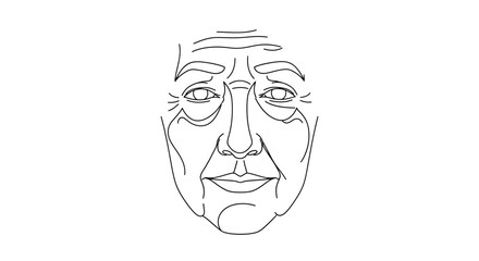 Line drawing of an elderly person's face, showing wrinkles and details.