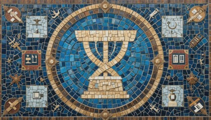 A mosaic art piece of a globe with different symbols of education around it.