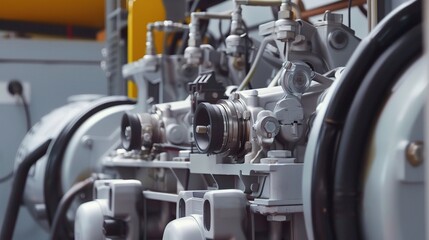 Compressor with a sturdy metallic gray body and a cylindrical air tank, placed in an industrial workshop, garage, or factory to generate and store compressed air, connected to hoses and equipped with 