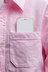 A white phone rests inside the light pink pocket of a collared shirt, the shirt's texture slightly visible in the light