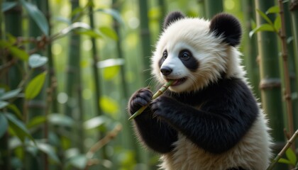 Obraz premium A cute, fluffy panda cub eating bamboo in a bamboo forest.