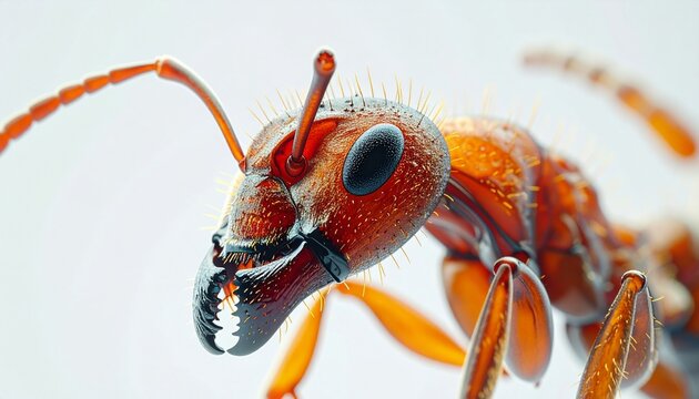 Macro close-up of a red ant, showcasing intricate details of its head and body.
