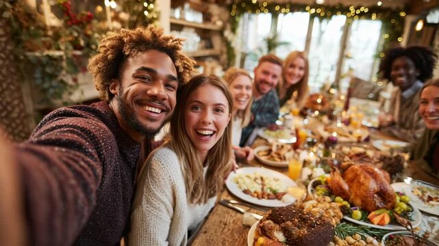 Friends taking selfie and smiling at dining table during Christmas dinner  