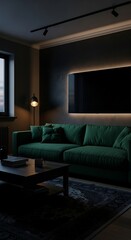 A dimly lit living room boasts a deep green velvet sofa, a dark wood coffee table, and a wall-mounted television.