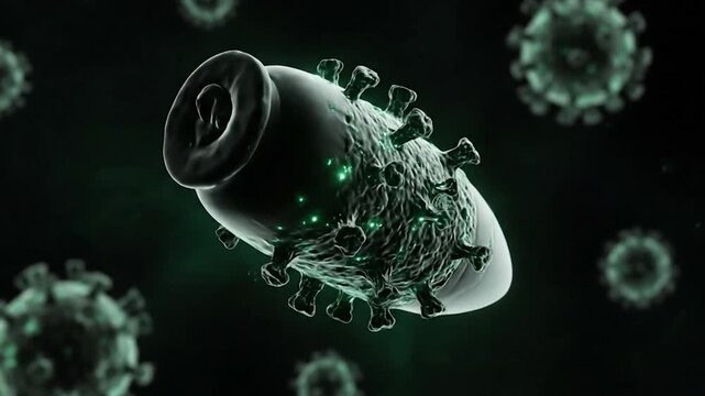Cinematic 3D Animation of the Rabies Virus Floating in a Dark Space
