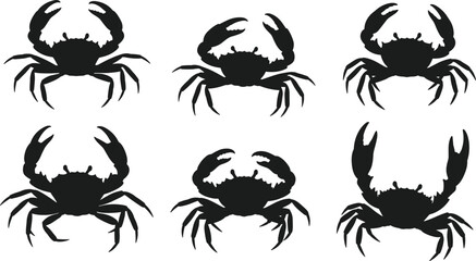 Crab silhouettes in various poses, marine wildlife vector set, ocean animal graphic, tropical sea creature illustration, coastal nature design elements collection