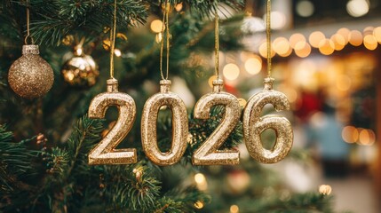 Golden 2026 numbers hanging on Christmas tree with festive lights  