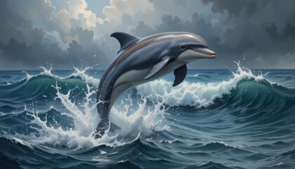 Fototapeta premium An oil painting of a playful dolphin leaping out of the water against a backdrop of stormy ocean waves.