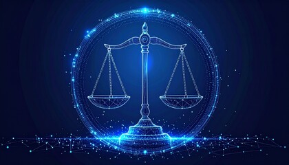 Shimmering digital scales of justice symbolizing law, balance, and equity within a secure technological network, representing fairness in the modern digital age