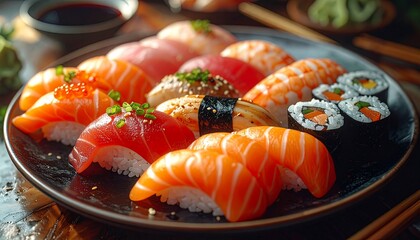 An Appetizing Array of Freshly Prepared Sushi Dishes on a Dark Plate