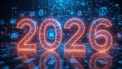 Digital innovation 2026 theme, glowing holographic number 2026 displayed with futuristic icons around, symbolizing AI, sustainability, security, business success, global connection, modern technology 
