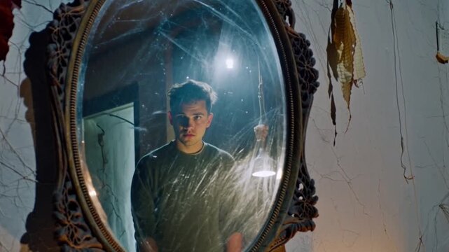 A man reflected in a cracked mirror.