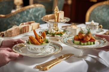 Elegant high tea presentation featuring savory bites on ornate china, served on a white linen-covered table with gold flatware and decorative chairs