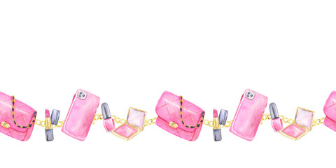 Seamless border with handbags and lipsticks watercolor design